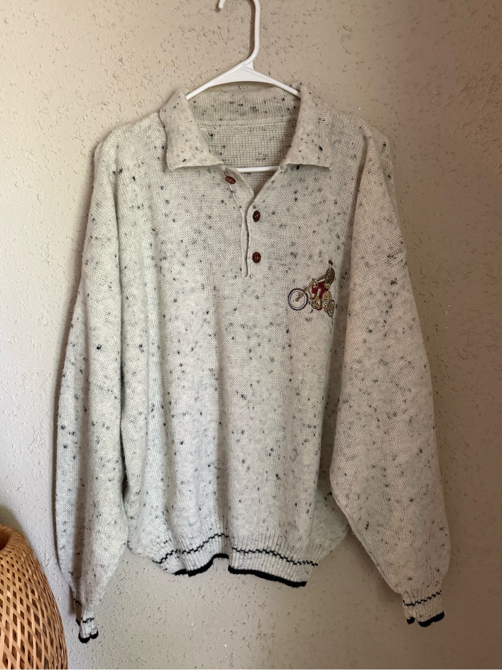 Vintage Italian Flecked Wool Sweater Cyclist Embroidered Grandpa Knit